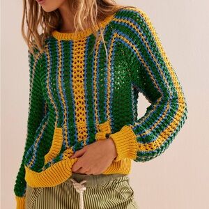 Free People NWT Dayton Sweater Pullover, pouch pocket sz sm green striped design